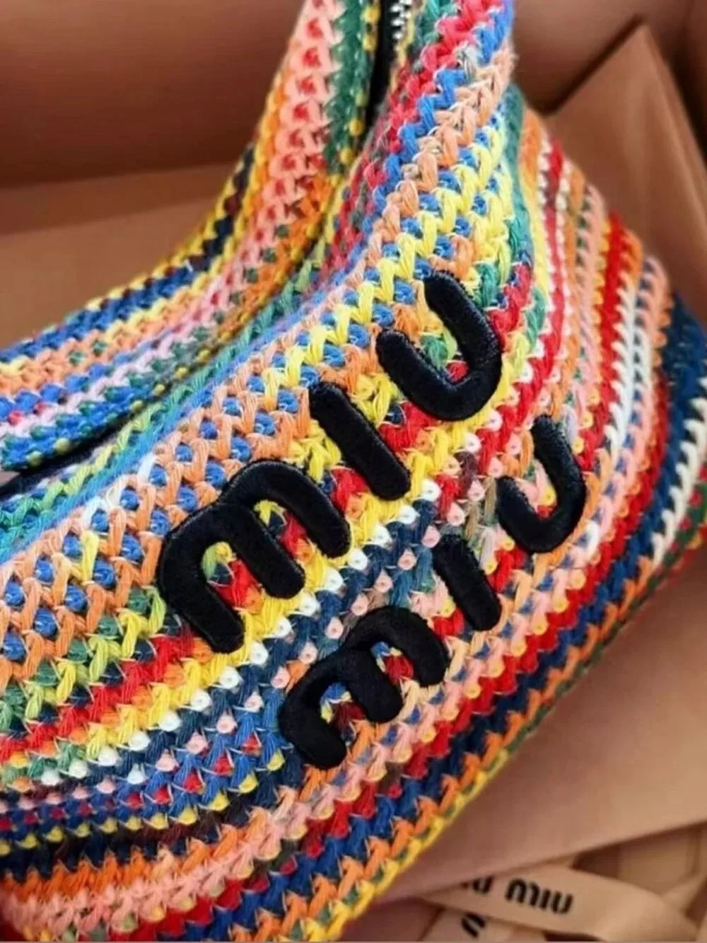 Miu Miu Multicolor Crocheted Shoulder Bag with Black Logo